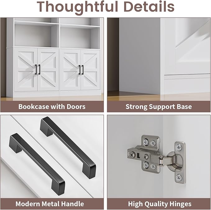 Farmhouse Bookshelf and Bookcase with 4 Doors Set of 2, 6 Tier Large Book Shelf with Storage Cabinets, Floor Standing Display Shelves, 71” Tall Book Case for Home Office, White