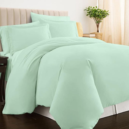Pizuna Pure 100% Cotton Queen Duvet Cover Set, Luxurious 400 Thread Count Long Staple Cotton Sateen Weave with Button Closure (Combed Mint Green Cotton Duvet Cover Queen)