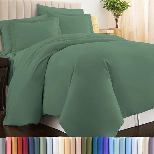 Pizuna Pure 100% Cotton Queen Duvet Cover Set, Luxurious 400 Thread Count Long Staple Cotton Sateen Weave with Button Closure (Combed Hedge Green Cotton Duvet Cover Queen)