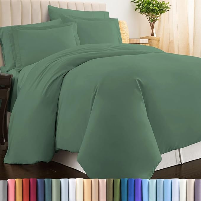 Pizuna Pure 100% Cotton Full Duvet Cover Set, Luxurious 400 Thread Count Long Staple Cotton Sateen Weave with Button Closure (Combed Hedge Green Cotton Duvet Cover Full)