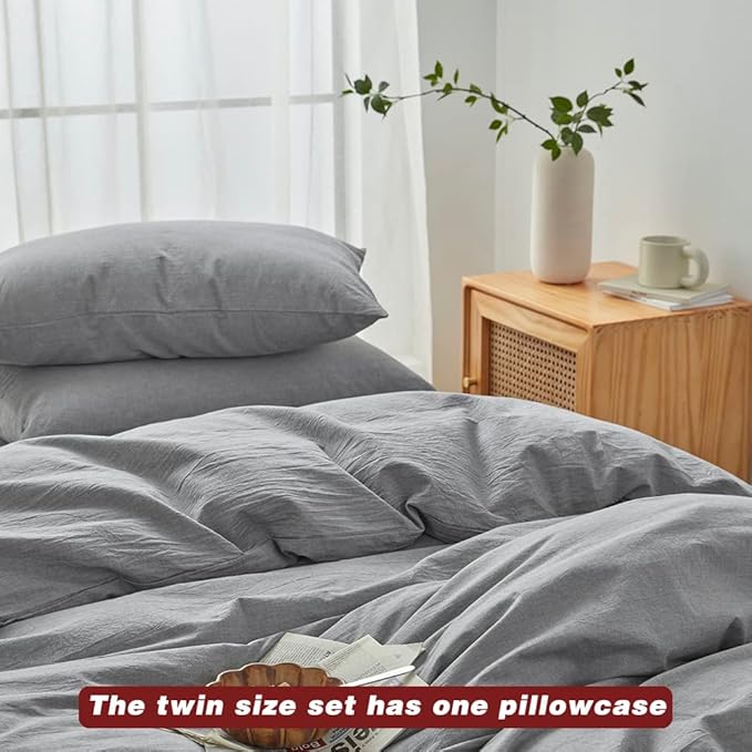 FACE TWO FACE Bedding Duvet Cover Set100% Washed Cotton Duvet Cover Linen Like Textured Breathable Durable Soft Comfy (Twin, Light Grey)