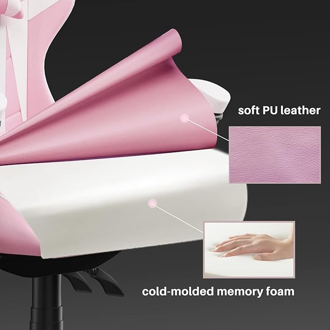 Pink Gaming Chair High Back, Ergonomic Computer Gamer Chair with Headrest and Lumbar Support, Racing Style Reclining Game Chair for Adults, Kids