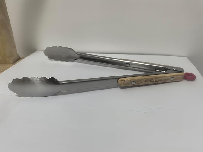 Stainless Steel Kitchen Tongs with Oak Wood Handle - Heat Resistant, Heavy Duty Locking Tongs for Cooking, BBQ, Salad, and Serving - Set of 2 (9" and 12") - Dishwasher Safe, Food Grade, No Rubber