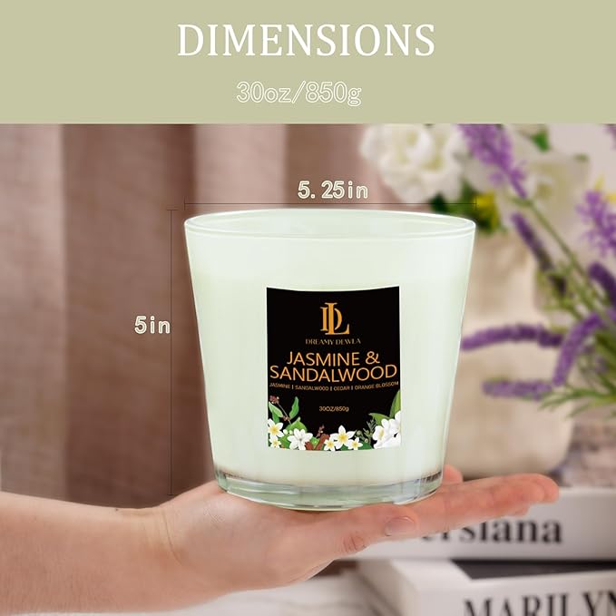 Jasmine & Sandalwood Scented Candle, Large 30oz Natural Soy Candles, 4-Wick 80 Hour Burn Time, Home Fragrance Candles Housewarming Gift for Women Men