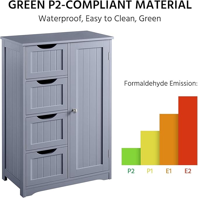 Yaheetech Bathroom Floor Cabinet, Freestanding Storage Organizer Unit Kitchen Cupboard W/ 4 Drawers & Adjustable Shelves, Using for Kitchen/Bathroom, Gray