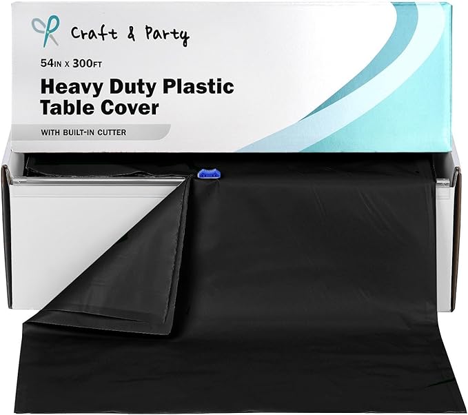 Craft And Party, 54 in x 300 feet Black Plastic Table Cover Roll for Party, Banquet, Picnic, Kids Activities for Any Size and Shape Table (Black, 54" x 300ft)