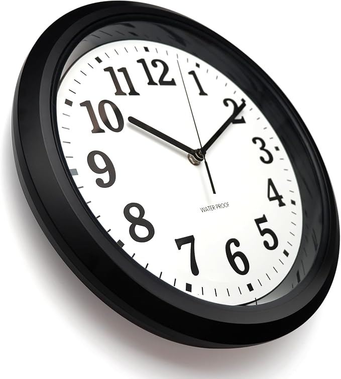 Caysie 12 Inch Sealed Indoor Outdoor Waterproof Wall Clock, Durable Silent Non-Ticking Battery Operated Quality Quartz Round Clock, Wall Decorative for Patio, Pool, Bathroom (Black)