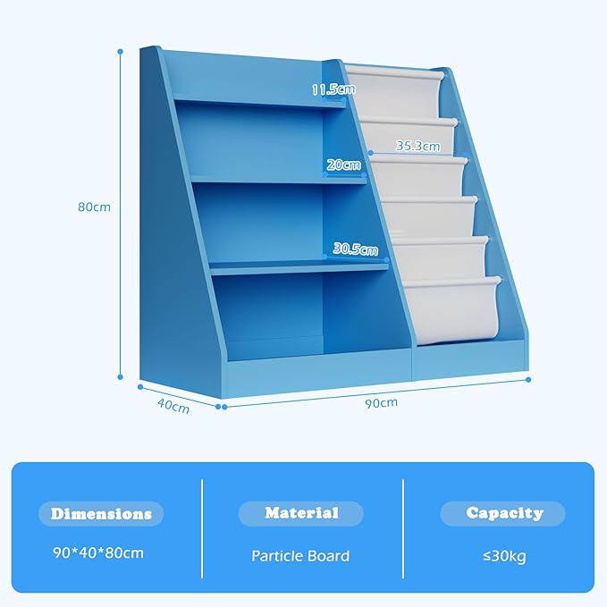 Blue 4 Tier Kids Wooden Bookshelf,Five Layer Sling Bookcase,Baby Storage Book Rack,Child Book and Toy Organizer Cabinet Chest,Toddler Book Display Playroom Kids Room Bedroom Classroom Nursery Library