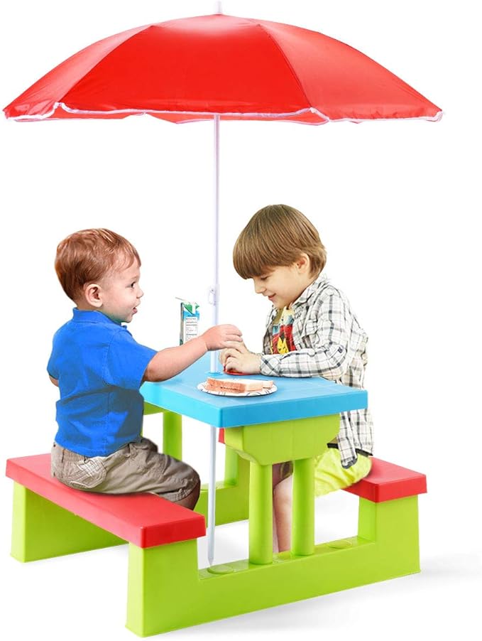HONEY JOY Kids Picnic Table, Toddler Plastic Outdoor Table & Bench Set with Umbrella, Children Patio Furniture Set for Backyard Garden, Kids Picnic Tables for Outdoors, Gift for Boys Girls Age 3+