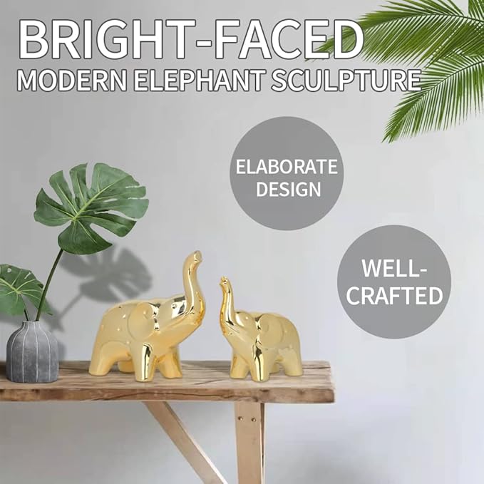 A Pair Elephant Statue Home Decor,Modern Style Figurines,Sculpture for Office Desktop Bookshelf Living Room (Ceramics Gold)