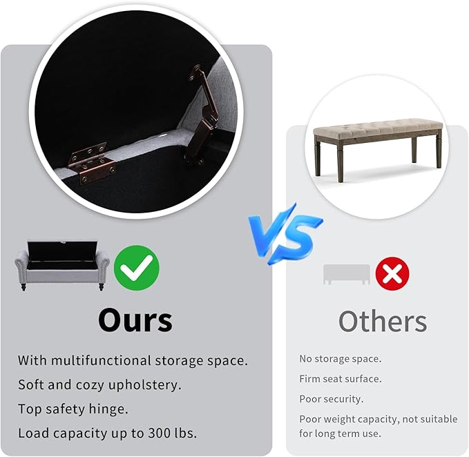 Storage Ottoman Bench with Arms, Linen End of Bed Bench for Bedroom, Button Tufted Storage Bench for Entryway, Living Room,Hallway, Large Storage Bench Foot Rest (New Grey)