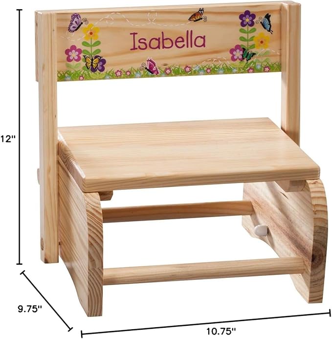 Custom 2-in-1 Children's Step Stool and Chair, Customized with Kid’s Name, Butterflies and Flowers Design