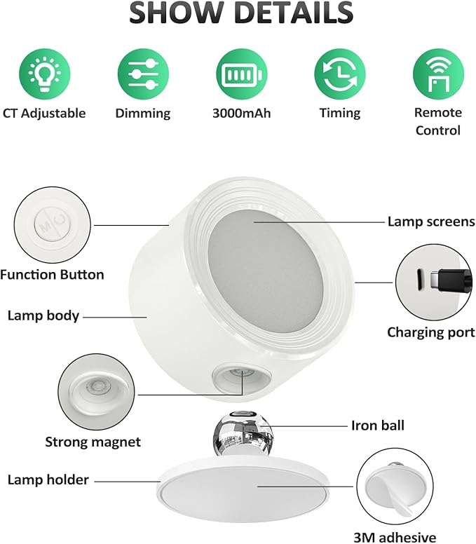 LED Wall Sconces 2 Pcs with Remote, Wall Mounted Lights Rechargeable Battery Operated, 3 Color Temperatures & Dimmable Wall Lamp Magnetic 360° Rotation Wireless Light for Bedroom Living Room