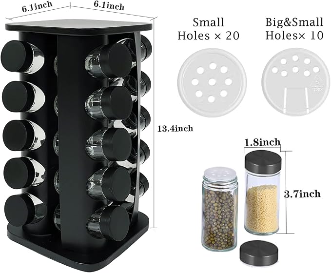 KALINCO Rotating Spice Rack, Spice Rack Organizer for Cabinet, Spice Rack with Jars(20-Jar), Revolving Spice Organizer, Spice Carousel Tower for Kitchen Black