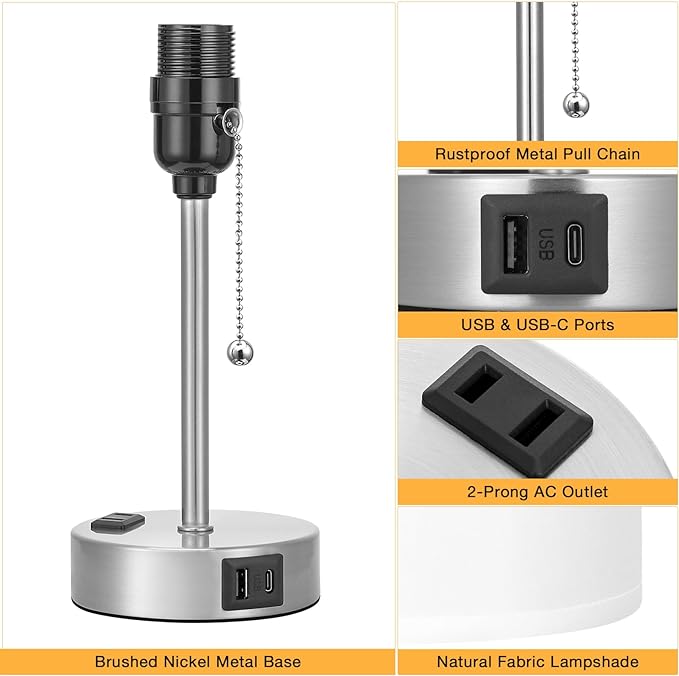 Dicoool White Bedside Lamp for Bedroom - 3 Color Temperatures Desk Lamp with USB C and A Ports, Pull Chain Table Lamp with AC Outlet, Nightstand Lamp with Silver Metal Base for Kids Girls