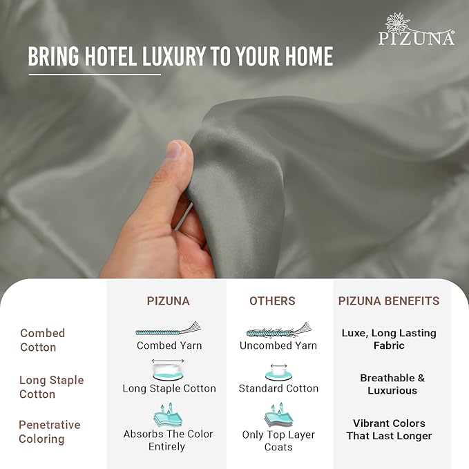 Pizuna 100% Cotton Full 3 Pc Duvet Cover + 1 Pc Fitted Sheet Set 400 Thread Count Silver Sateen Weave Luxurious Long Staple Cotton 4 Piece Bedding Set - 1 Duvet Cover, 2 Pillow Shams, 1 Fitted Sheet