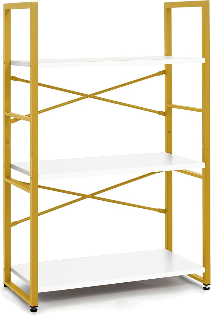 CAPHAUS 3 Tier Small Bookshelf, 24 Inch Width Free Standing Shelf, Bookcase Shelf Storage Organizer, Industrial Book Shelves for Home Office, Living Room, White Wooden Shelves & Gold Frame