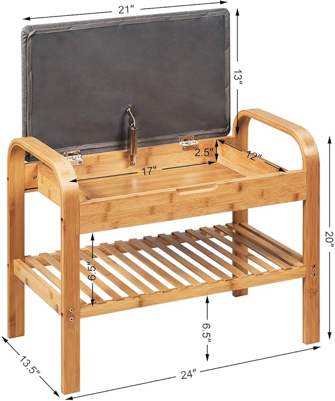 Giantex Small Entryway Bench with Storage, 2-Tier Bamboo Shoe Rack Bench with Flip Top Storage Space and Padded Cushion, Shoe Organizer for Entryway, Living Room, Hallway, Bedroom,Natural