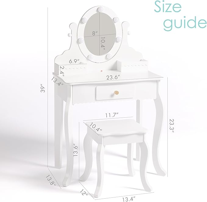 Spirich Kids Vanity, Girls Vanity Set with Mirror and Stool and Lights, Kids Vanity Table and Chair Set,Wooden Princess Makeup Desk Dressing Table