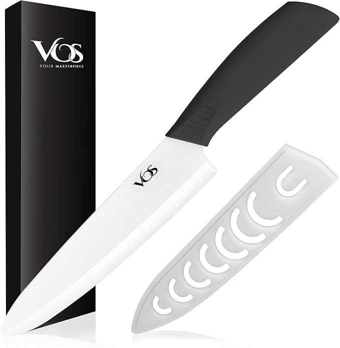 Vos Ceramic Chef Knife 8 Inch with Protection Cover – Large Ceramic Kitchen Knife for Slicing, Dicing, and Fruits – Lightweight Zirconia Blade – Luxury Gift Packaging – Ultra Sharp Chefs Knife (Black)