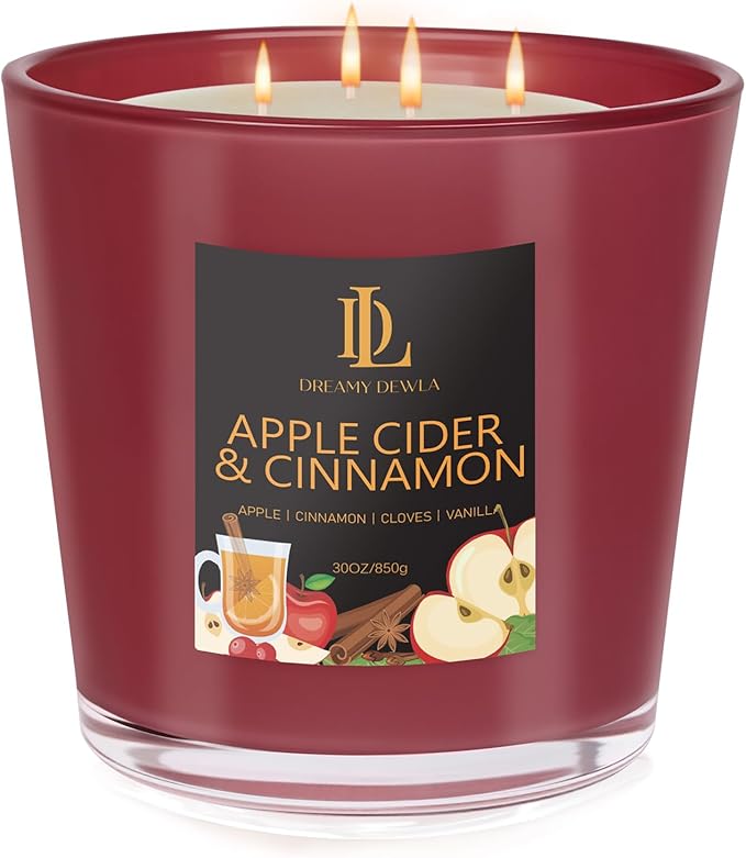 Apple Cider & Cinnamon Candle, Fall Scented Candles, Large 30oz Natural Soy Candles, 4-Wick 80 Hour Burn Time, Autumn Fragrance Candle Gifts for Home Decor