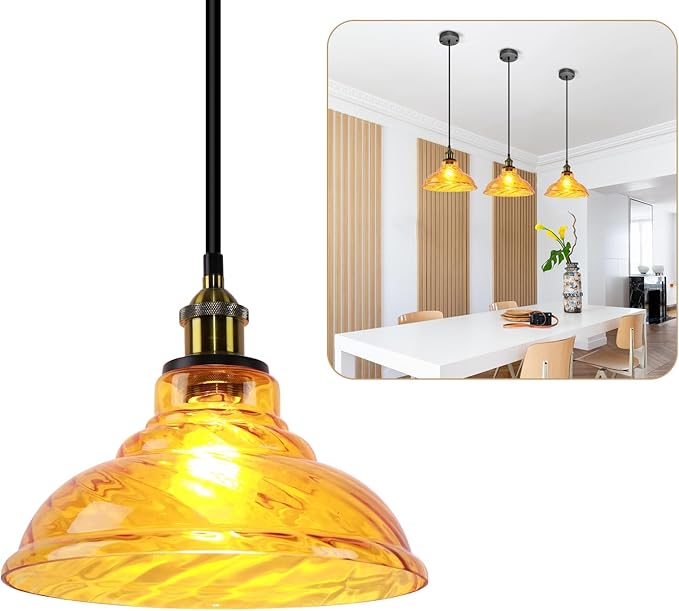 Kitchen Island Pendant Lights, Farmhouse Vintage Pendant Lighting 11.02" Small Nordic Amber Glass Hanging Pendant Lighting Fixtures Over Dining Room Table for Bedroom,Bar,Restaurant,E26