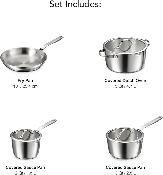 Tramontina Tempo Tri-Ply Base Stainless Steel 7-Piece Cookware Set with Glass Lids, Pots and Pans Kitchen Set, Induction-Ready, Oven-Safe, Dishwasher-Safe