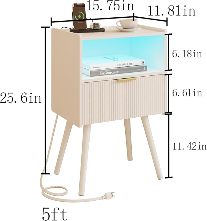 White Nightstand, Modern Bedside Table with Charging Station and LED Lights, Wood Night Stand with Drawer and Opening Storage