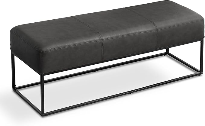 Leather Entryway Bench, Modern Long Leather Ottoman Bench Seat with Metal Frame, 47'' Upholstered Bedroom Bench for Living Room Entryway Window, Vintage Black