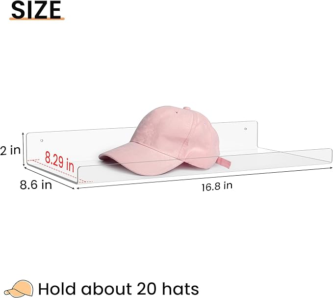 upsimples 2-Pack Acrylic Floating Hat Shelves, Wall-Mounted Hat Holder Fits up to 40 Hats - Hat Organizer for Baseball Cap Storage in Closet, Bedroom, Entryway, and Laundry Room