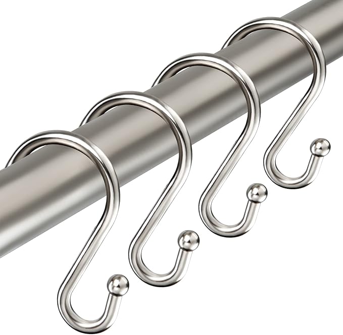 Shower Curtain Hooks Rings, Zinc Alloy S Shaped Shower Hooks Rust Proof, Shower Curtain Hangers for Shower Curtain, Kitchen, Wardrobe & Garden, Brushed Nickel, Set of 12