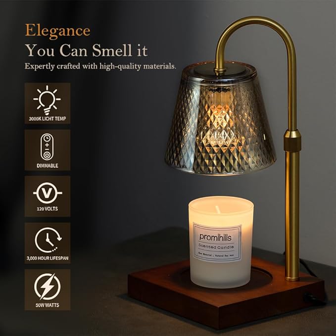 Candle Warmer Lamp: Adjustable Height, Dimmer, and On/Off Timer (8H/4H/2H) - an Elegant and Creative Gift, Fits Various Sizes of Scented Candles (Amber)