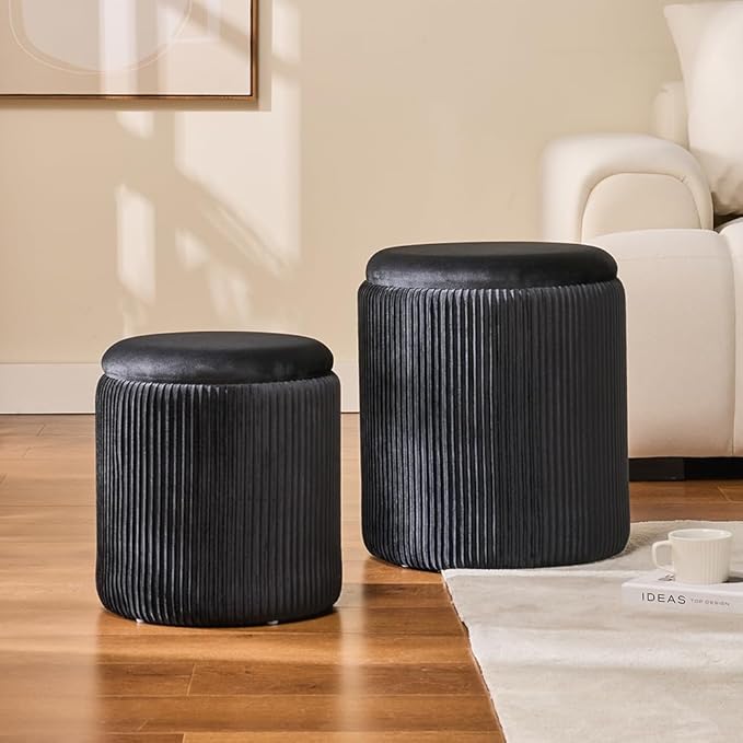 Round Ottoman with Storage Set of 2-Upholstered Sherpa Vanity Stool for Makeup Multifunctional Ottomans Coffee Table Padded Seat Foot Rest (Black)