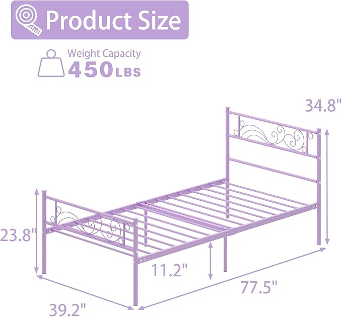 Weehom Twin Bed Frame with Headboard, Princess Bed Metal Platform No Box Spring Needed,Heavy Duty Metal Slats Support Easy Assembly for Kids Girls Adults Purple
