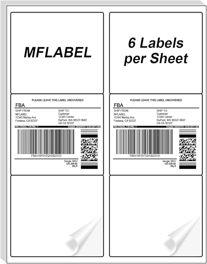 MFLABEL 3.3" x 4" White Shipping Address Labels, 6-UP, Easy to Peel, 6000 Labels (1000 Sheets) for Laser/Ink Jet Printer
