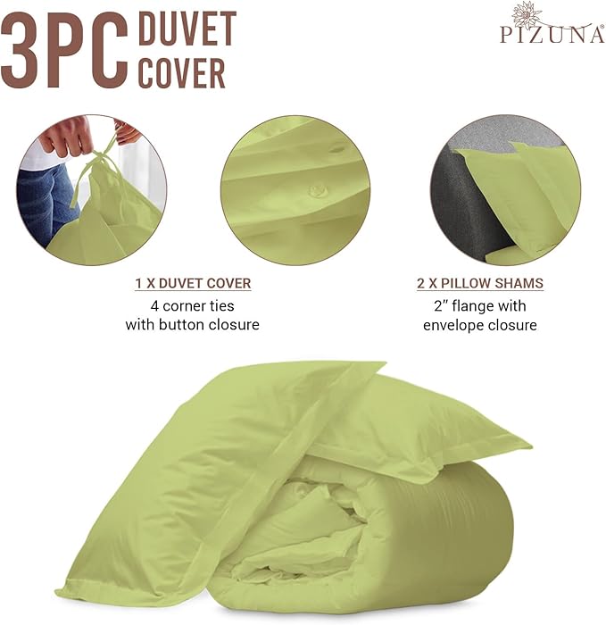 Pizuna Pure 100% Cotton Queen Duvet Cover Set, Luxurious 400 Thread Count Long Staple Cotton Sateen Weave with Button Closure (Combed Light Green Cotton Duvet Cover Queen)