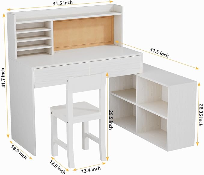 White Wooden Kids Desk and Chair Set, Kids Study Desk with Removable Large Storage Cabinet,Kid Study Table and Chair Set with 2 Drawers & 4 Cabinets,Girls Desks for Kid for Bedroom