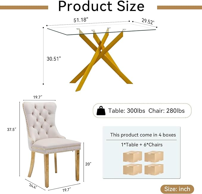Goujxcy Glass Dining Table Set for 6, Modern Kitchen Table and Chairs Set of 6, 7-Piece Kitchen Dining Room Table Set w/51 Glass Gold Dining Table and 6 Beige Velvet Upholstered Chairs