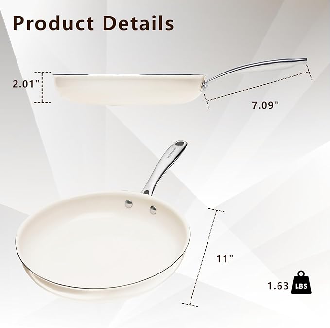 11" Ceramic Nonstick Frying Pan, Skillet, Cooking Pan Non Toxic with Stay Cool Handle for Induction, PTFE & PFAS & PFOA Free, Dishwasher/Oven Safe, White