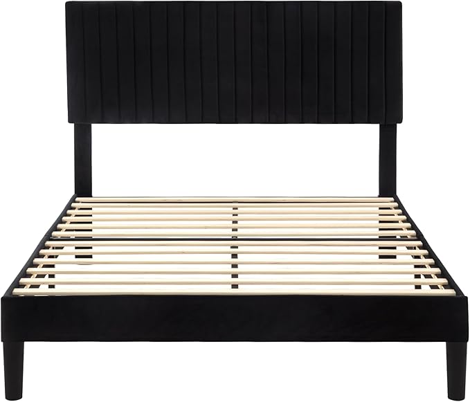 Allewie Full Bed Frame, Velvet Upholstered Platform Bed with Vertical Channel Tufted Headboard, Mattress Foundation with Strong Wooden Slats, Box Spring Optional, Easy Assembly, Black