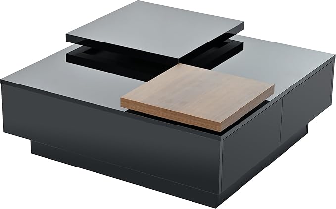 WILLIAMSPACE 31.5" Movable Top Coffee Table with 4 Hidden Storage Drawers & High Gloss Finish, Modern Square Wood Center Table Accent Side End Tea Table for Living Room, Black