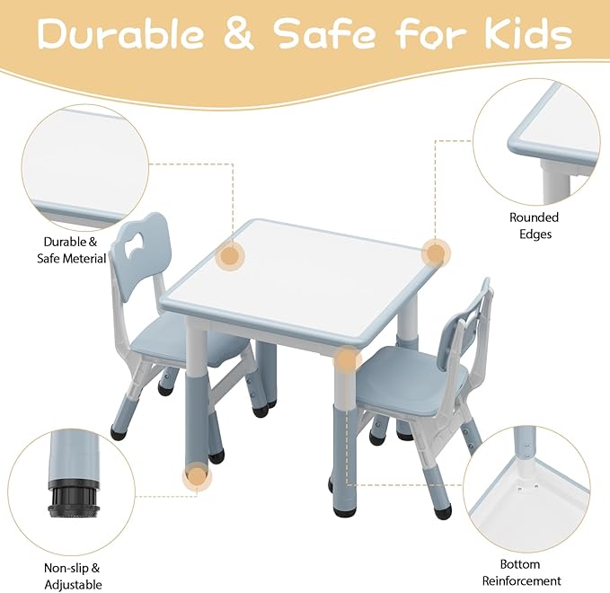 GAOMON Kids Table and 2 Chairs Set with Graffiti Desktop, Height Adjustable Toddler Table and Chairs Set for Reading, Drawing, Playing, Eating