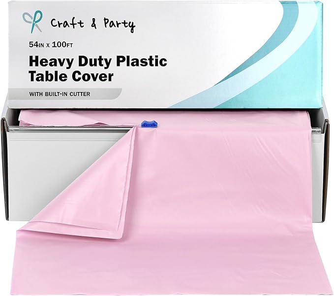 Craft And Party, 54 in x 100 feet Plastic Table Cover Roll for Party, Banquet, Picnic, Kids Activities for Any Size and Shape Table (Light Pink, 54" x 100ft)