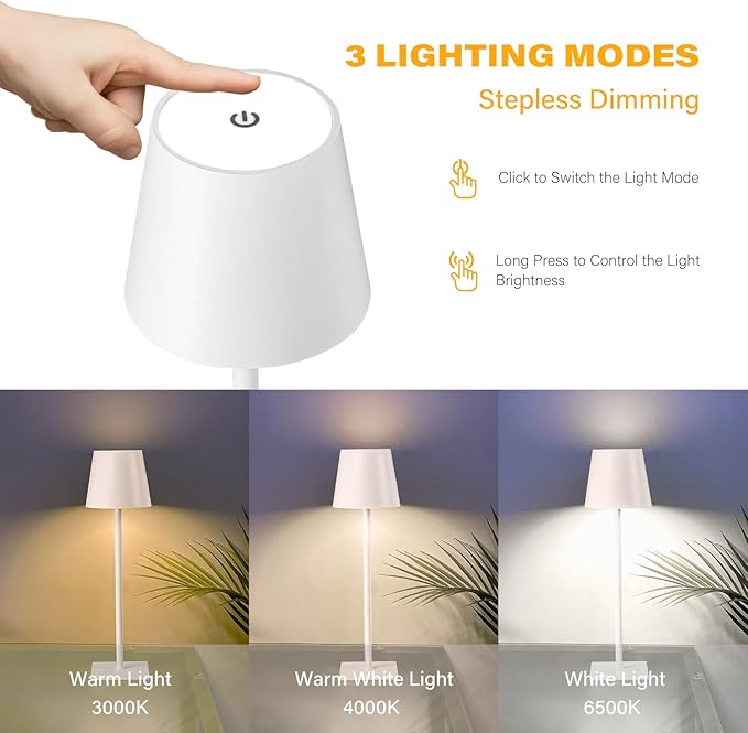 Cordless Table Lamps, 3 Colors Stepless Dimming, 5000mAh Rechargeable Battery LED Desk Lamp for Bedroom/Couple Dinner/Desk/Cafe/Dining Room/Terrace (White - 2 Pack)