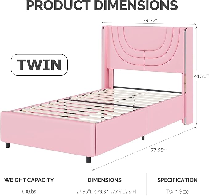 Pink Twin Bed Frame with LED Lights, Faux Leather Upholstered Platform with Silver Wingback Headboard, Modern Style, No Box Spring Needed, Easy Assembly