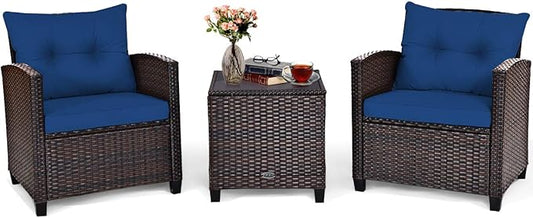 Tangkula 3 Pieces Patio Furniture Set, PE Rattan Wicker 3 Pcs Outdoor Sofa Set w/Washable Cushion and Tempered Glass Tabletop, Conversation Furniture for Garden Poolside Balcony (Blue)