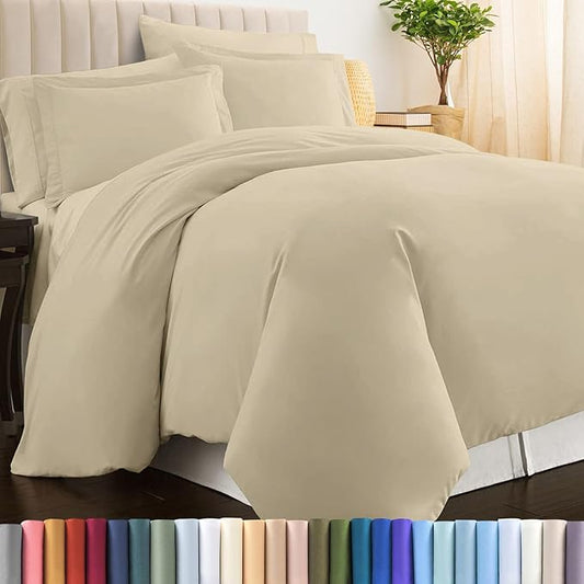 Pizuna Pure 100% Cotton Queen Duvet Cover Set, Luxurious 400 Thread Count Long Staple Cotton Sateen Weave with Button Closure (Combed Beige Cotton Duvet Cover Queen)