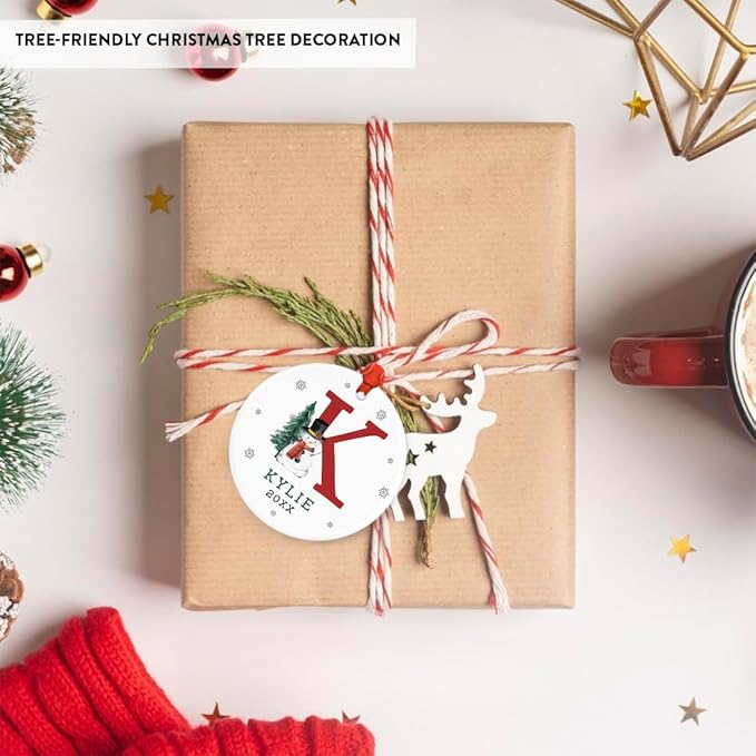 Andaz Press Personalized Ornament, Custom Name, Initial K Monogram Snowman 2.8" Ceramic Porcelain 2025 Christmas Ornament Keepsake for Kids, Boys, Girls, Includes Gold Ribbon & Gift Box, 1-Pack
