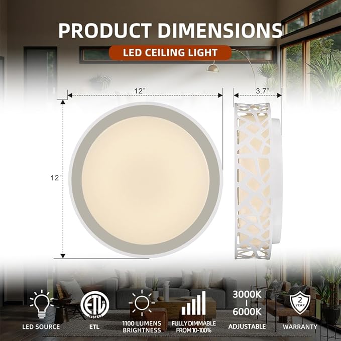 Flush Mount Ceiling Light Fixture, 12 inch 15W 1100 Lumens LED Ceiling Lights, Dimmable 3000K Warm White Light Fixtures Ceiling Mount for Bedroom, Kitchen, Hallway, Stairways