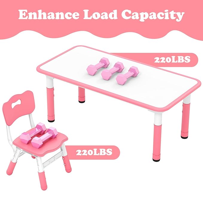 INFANS Kids Table and Chiar Set, Height Adjustable Toddler Desk and 4 Chairs with Graffiti Desktop Non-Slip Legs, Large 47" L x 23.5" W Multi-Activity Art Table for Daycare Classroom Home (Pink)